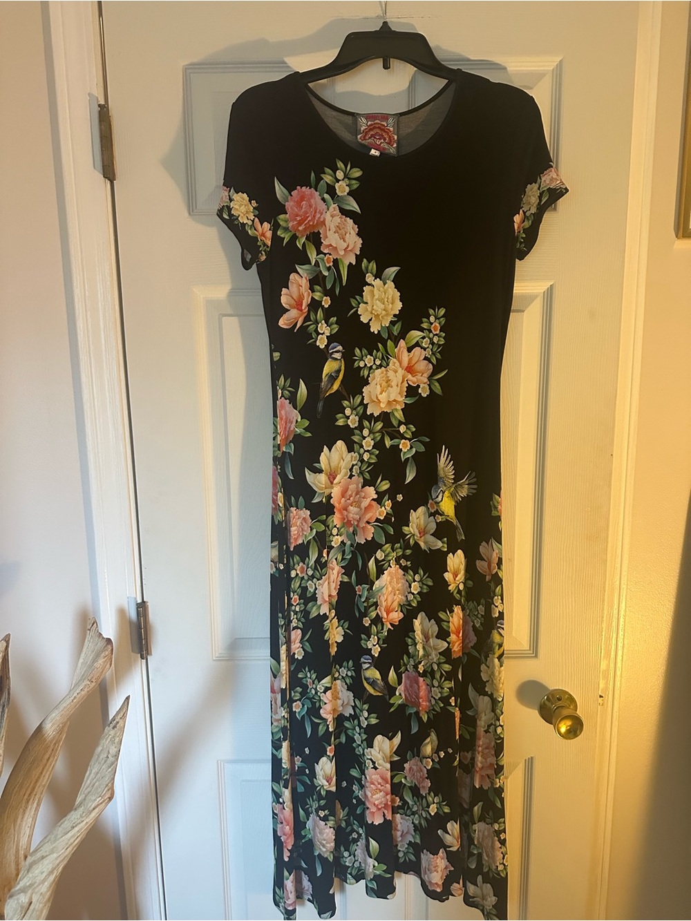 Johnny Was Black Floral Maxi Dress with Pink & Yellow Blooms